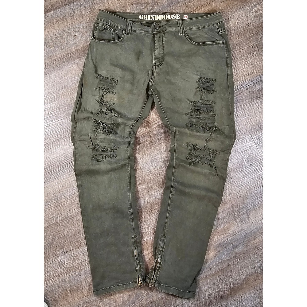 Grindhouse Denim Mens Distressed Olive Green Moto Zipper Ankle Jeans Size‎ 36x32